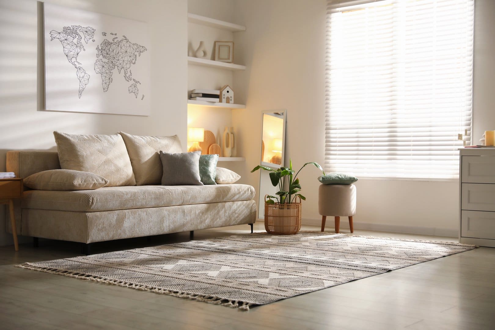 Beautiful living room with area rug professionally cleaned and placed - S&S Rug Cleaners Atlanta pickup and delivery service