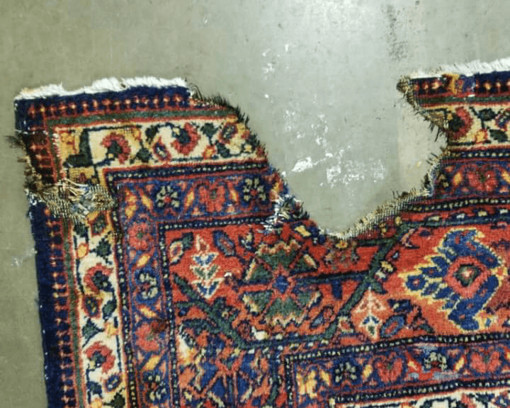 Before: Rug with damage requiring professional repair