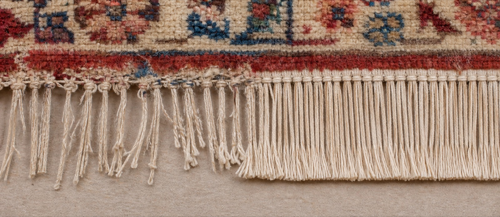 Rug fringe before and after repair: unraveling warp ends and loose knots on the left, evenly restored fringe on the right